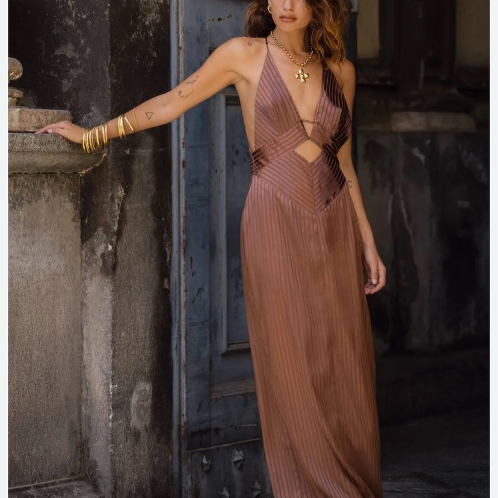 12th Tribe Roma Cocoa Striped Maxi Dress (XL)